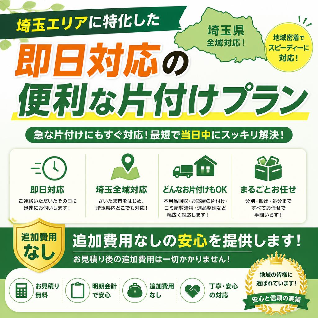 埼玉エリアに特化した即日対応の便利な片付けプランで、追加費用なしの安心を提供します！